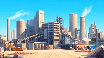 A modern industrial complex with silos, conveyors, and smokestacks against a clear blue sky. photo