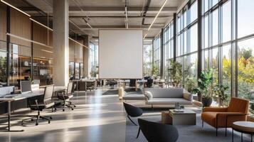 Modern office interior featuring open spaces, natural light, and comfortable seating areas photo