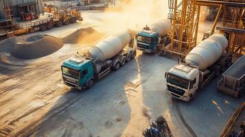 Construction site with concrete trucks and materials in a dusty environment. photo