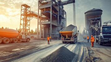 Construction site with workers and machinery involved in material transportation. photo