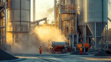 Industrial site at sunset with workers and machinery in a concrete production area. photo
