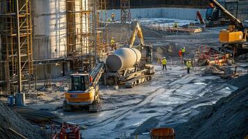 Construction site with machinery and workers engaged in building activities. photo