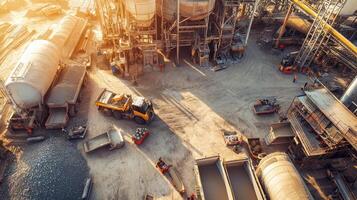 Aerial view of a construction site with machinery and materials in use. photo