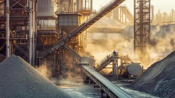 Industrial site with conveyor belts and piles of material, generating dust and steam. photo