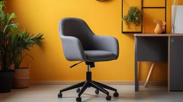 A modern office chair in a stylish workspace with a vibrant yellow wall and plants. photo