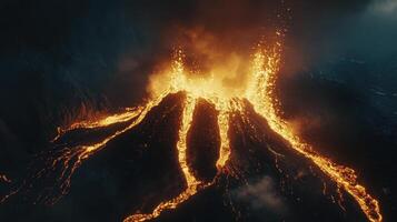 A dramatic volcano erupting with flowing lava and smoke against a dark sky. photo