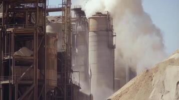 Industrial site with silos and smoke, indicating production or processing activities. photo