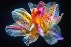 A vibrant, multicolored flower with intricate patterns and textures against a dark background photo
