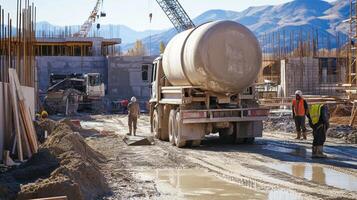 Construction site with a cement mixer and workers in a developing area. photo