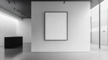 A minimalist gallery space featuring a blank canvas on a white wall. photo