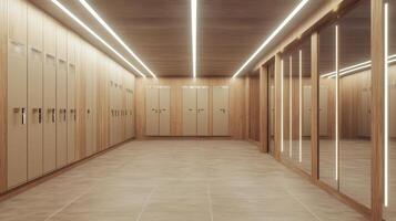 A modern locker room with wooden accents and mirrors, designed for personal storage and changing. photo