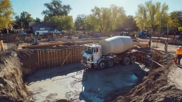 Construction site with a concrete mixer and workers preparing a foundation. photo