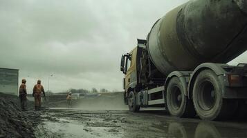 Construction site with a concrete mixer truck and workers in safety gear. photo
