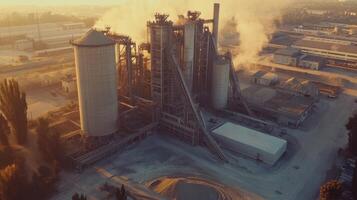 Industrial facility with silos and smoke, indicating production processes. photo