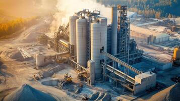 Aerial view of an industrial facility with silos and machinery in a gravel extraction site. photo