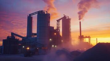 Industrial facility at sunset, emitting smoke and surrounded by piles of material. photo