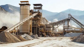 Industrial site with machinery and structures for processing materials in a mountainous area. photo