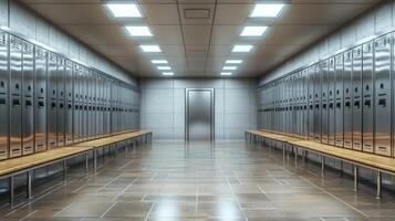 A modern locker room with benches and metal lockers, designed for changing and storage. photo
