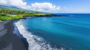A serene coastal view featuring black sand, turquoise waters, and lush greenery. photo