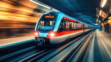 A high-speed train traveling through a tunnel, highlighting motion and modern transport. photo