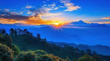 A breathtaking sunrise over a mountainous landscape, showcasing vibrant colors and serene beauty. photo