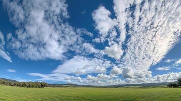 A panoramic view of a lush green landscape under a vibrant sky filled with clouds. photo
