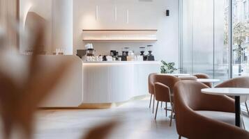 A modern caf interior featuring a sleek counter and comfortable seating photo