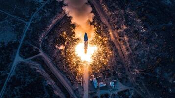 A rocket launches from a site, surrounded by smoke and fire, showcasing space exploration. photo
