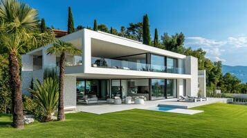 Modern villa with a sleek design, surrounded by greenery and a clear sky. photo