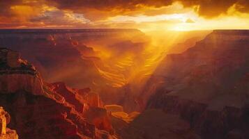 A breathtaking sunset over the Grand Canyon, showcasing dramatic light and shadow play. photo