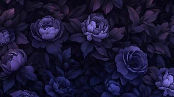A dark floral pattern featuring peonies and leaves in shades of purple. photo