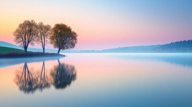 Serene landscape with trees reflecting in calm water at dawn, showcasing nature's tranquility. photo
