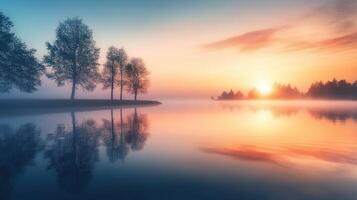 Serene sunrise over a calm lake, reflecting trees and soft colors of dawn. photo