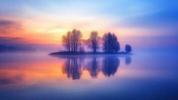 Serene landscape at dawn with misty water and silhouetted trees reflecting in calm water. photo