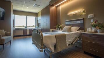 Modern hospital room featuring a bed, chair, and window with natural light. photo