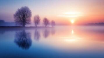A serene sunrise over a misty lake, reflecting trees and soft pastel colors. photo