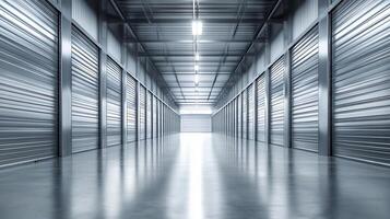un espacioso, moderno almacenamiento instalaciones con metálico puertas y brillante Encendiendo. foto