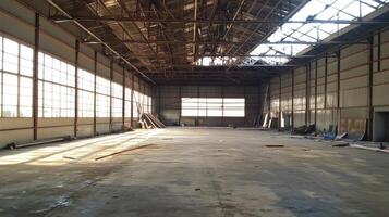 An empty industrial warehouse with large windows and scattered construction materials. photo