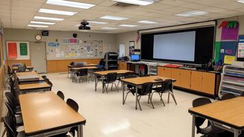 A classroom setting with desks, chairs, and educational materials for learning. photo