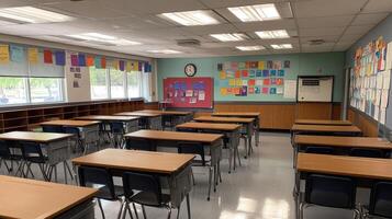 A classroom setting with desks, educational posters, and a clock on the wall. photo