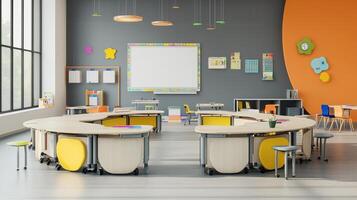 A modern classroom setup with circular tables, colorful chairs, and educational materials. photo