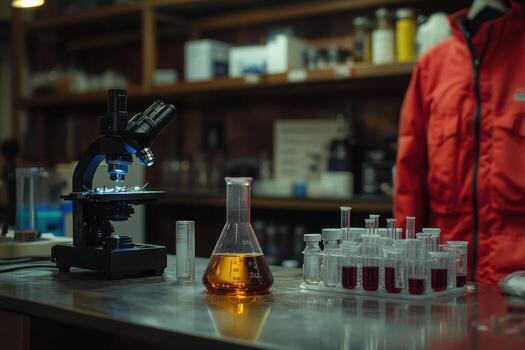 A laboratory scene featuring a microscope, glassware, and colorful liquids for scientific research. photo