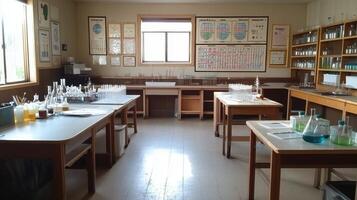 A science laboratory with various glassware and charts for experiments and learning. photo