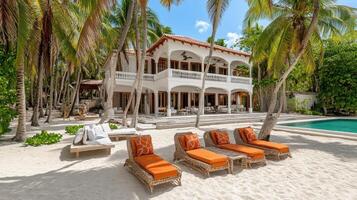 A luxurious beachfront villa with lounge chairs and a swimming pool surrounded by palm trees. photo