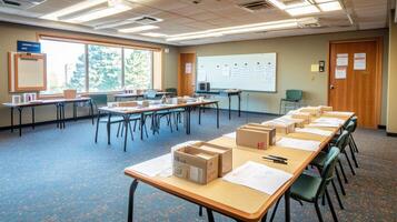 A spacious meeting room set up for a workshop or training session with tables and materials. photo