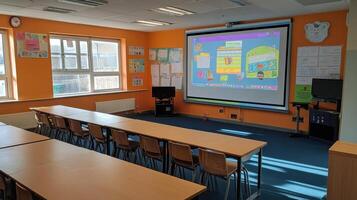 A bright classroom with desks, a projector screen, and educational materials on the walls. photo