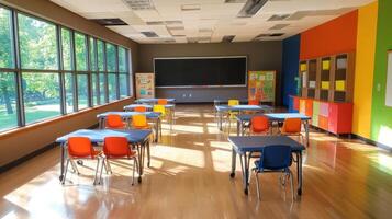 A bright and spacious classroom with colorful furniture and large windows. photo