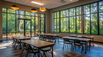 Bright classroom with tables, large windows, and views of nature outside. photo