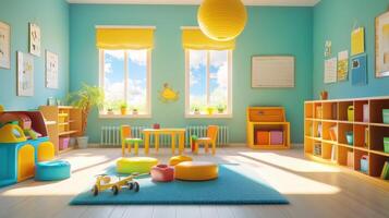 Bright, colorful playroom filled with toys, seating, and natural light for children's activities. photo