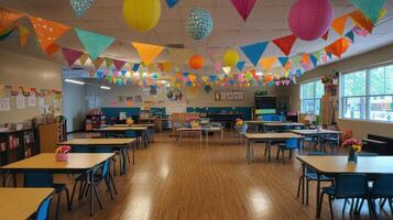 A vibrant classroom decorated with colorful paper lanterns and banners for a cheerful learning environment. photo